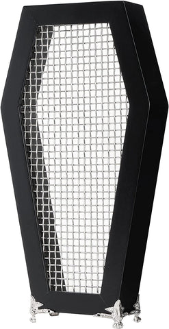 Black wooden coffin shaped jewelry holder with silver metal wire mesh in the middle and shiny silver metal feet on the bottom. Shown from the front