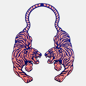 Embroidered back patch of a set of two snarling tigers in shades of royal blue and coral, connected by the tail as a mirror image
