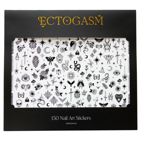A package of nail decals by the brand Ectogasm in their black cardboard packaging