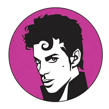 Black and white illustration of Prince on a purple background illustrated on a 1.25" round metal pin-back button