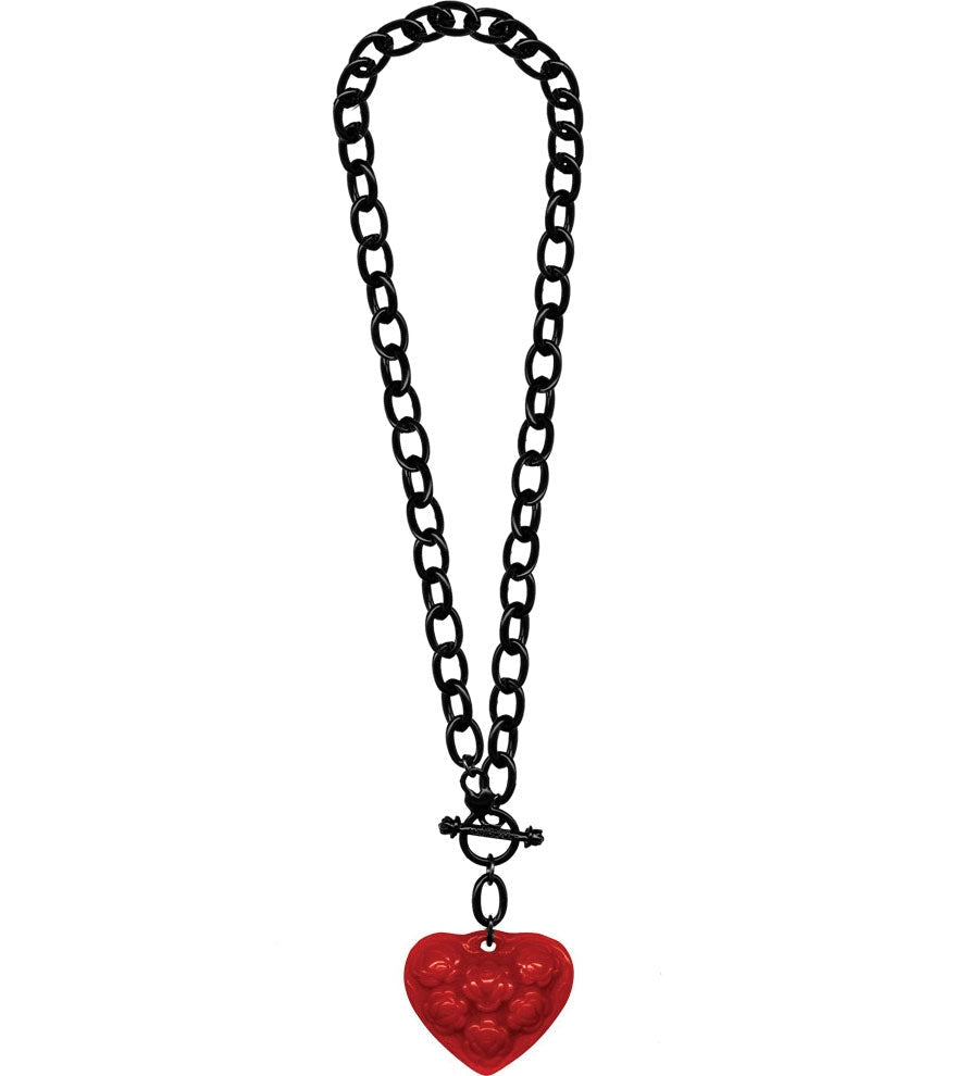 red floral patterned heart pendant- made of durable hand poured poly resin made to mimic vintage Bakelite-on a black plastic toggle style chain