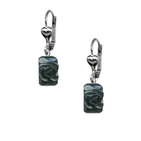 black Retrolite resin (durable hand poured poly resin made to mimic vintage Bakelite) rectangular rose charm dangle earrings on silver-plated metal lever-back hooks