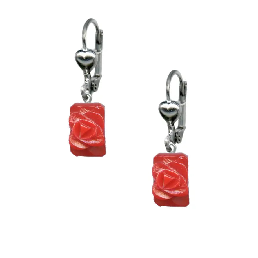 red Retrolite resin (durable hand poured poly resin made to mimic vintage Bakelite) rectangular rose charm dangle earrings on silver-plated metal lever-back hooks