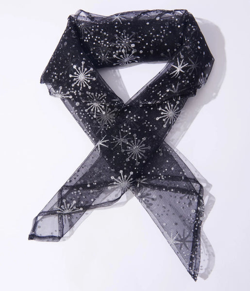 Vintage inspired black mesh square scarf with silver glitter starburst and dot shapes all over
