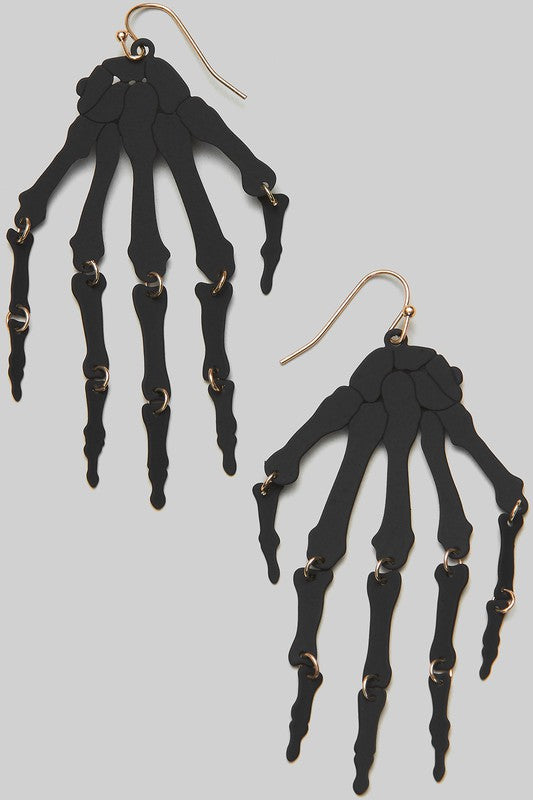 matte black coated skeleton hand dangle earrings with articulated joints