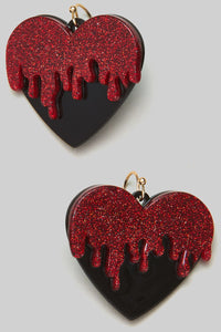 Bleeding black and sparkly deep red laser cut acrylic heart dangle earrings 