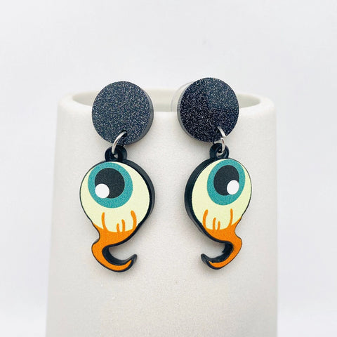 Cartoon eyeballs with black glitter charm acrylic  drop earrings 