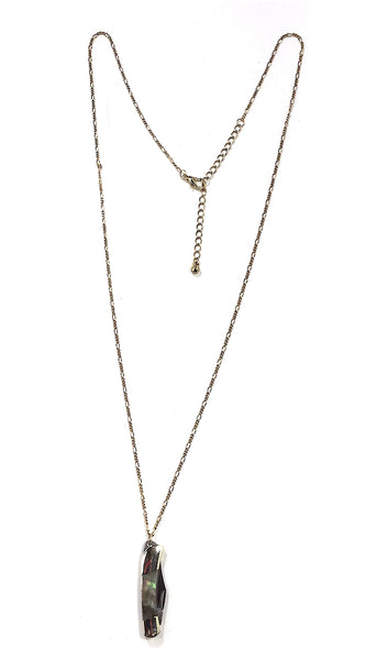 28” long brass Figaro style chain necklace with a mini stainless steel pocket knife pendant. Pendant has an abalone style finish on the handle. Shown with chain