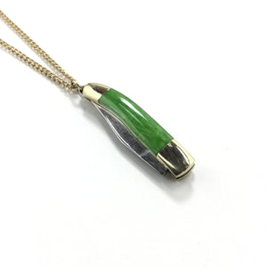 28” brass link style chain necklace with a mini stainless steel and brass pocket knife pendant with a green pearlized finish handle. Shown with knife closed 