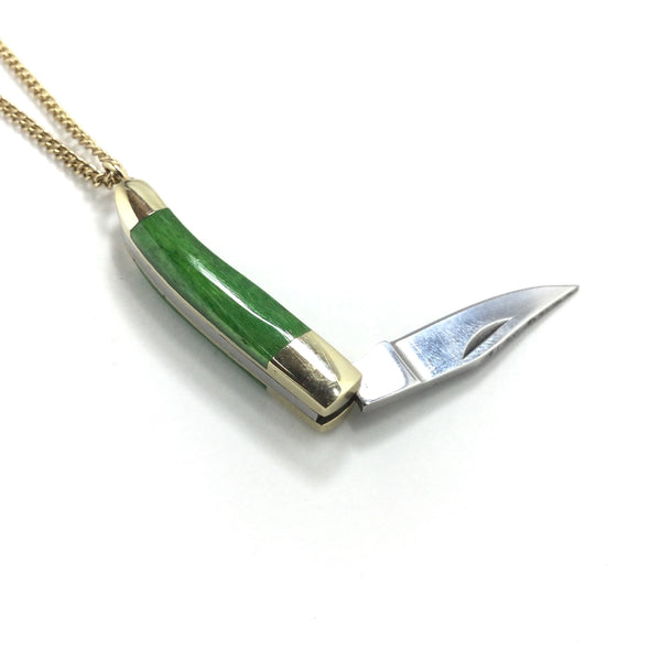 28” brass link style chain necklace with a mini stainless steel and brass pocket knife pendant with a green pearlized finish handle. Shown with knife open