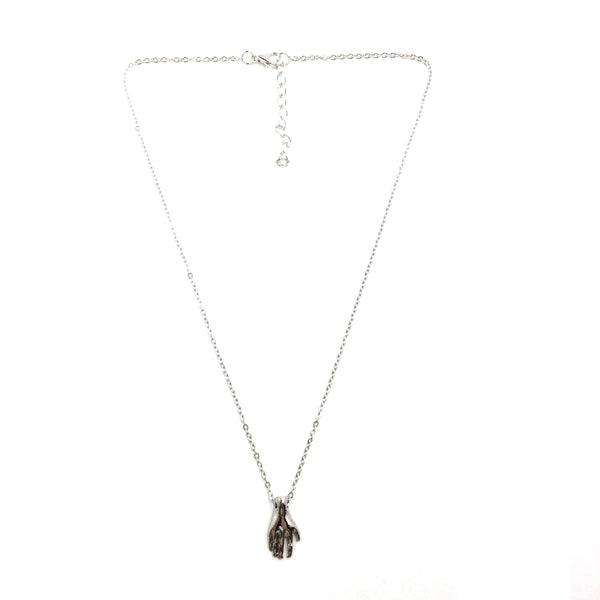 18” silver metal link style chain necklace with a detailed shiny silver hand pendant. Shown with chain