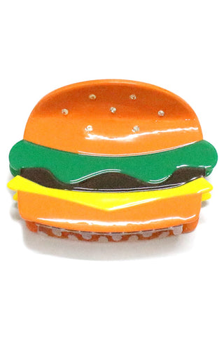 Cheeseburger shaped claw style hair clip with rhinestone detail on the “bun”
