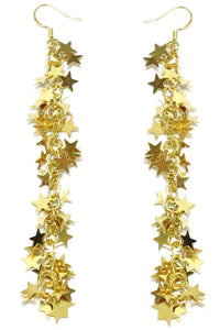4” long earrings of dangling clusters of gold metal stars on a long matching chain.