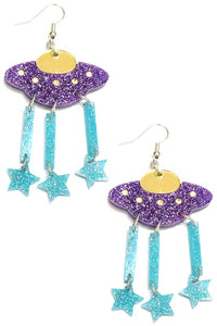 purple glitter and gold mirrored laser-cut acrylic flying saucer-shaped dangle earrings with dangling glittery blue star charms