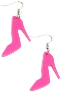 Pair of acrylic laser cut bright pink high heel shoe dangle earrings