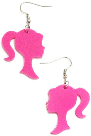 Laser cut acrylic bright pink doll head silhouette dangle earrings 