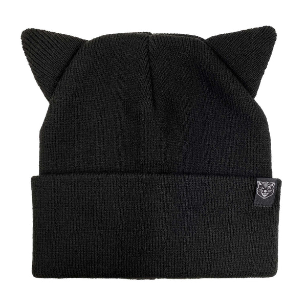black knit hat with a set of pointy little matching cat ears on top and a rolled cuff