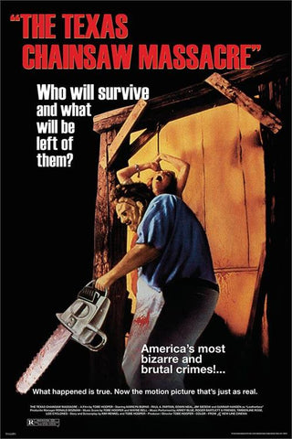 Movie poster for the pioneering 1974 horror film Texas Chainsaw Massacre on a black background