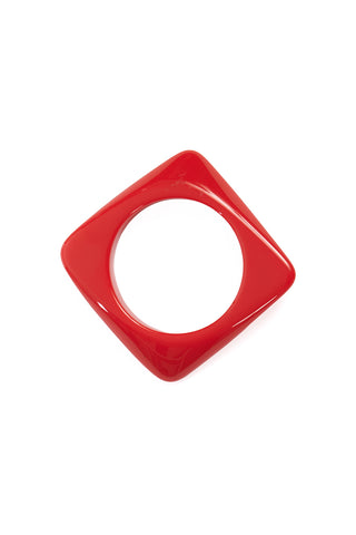 shiny square resin bangle in vibrant red with warped angular detail at its corners