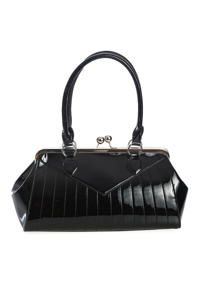 Black vinyl purse with silver kiss lock and matching vinyl shoulder strap. Shown from front