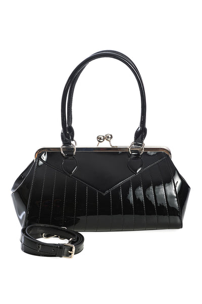 Black vinyl purse with silver kiss lock and matching vinyl shoulder strap. Shown from front with matching crossbody strap