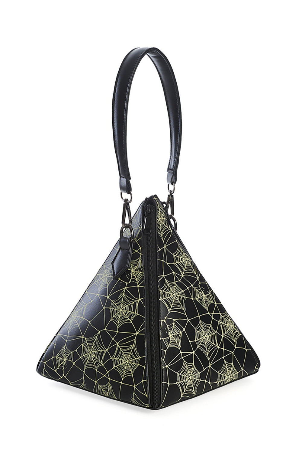 Pyramid shaped purse with all over glow in the dark cobweb printed pattern. It has a matching black faux leather shoulder strap and there are two vertical black zippers running down the side of the pyramid. Shown from the zippered side from the front
