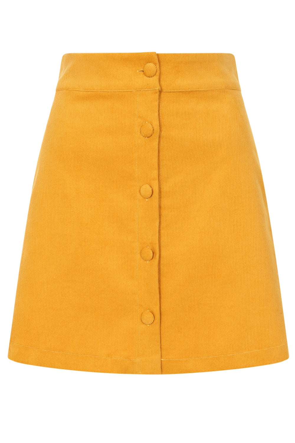 mustard corduroy button-front full a-line skirt in an above the knee length with side seam pockets. Shown from front