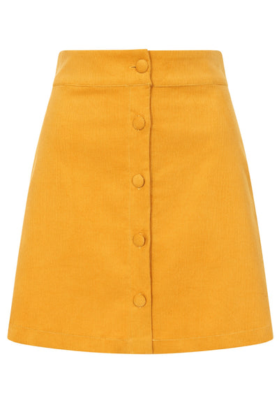 mustard corduroy button-front full a-line skirt in an above the knee length with side seam pockets. Shown from front