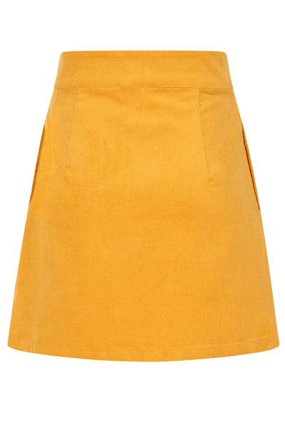 mustard corduroy button-front full a-line skirt in an above the knee length with side seam pockets. Shown from back