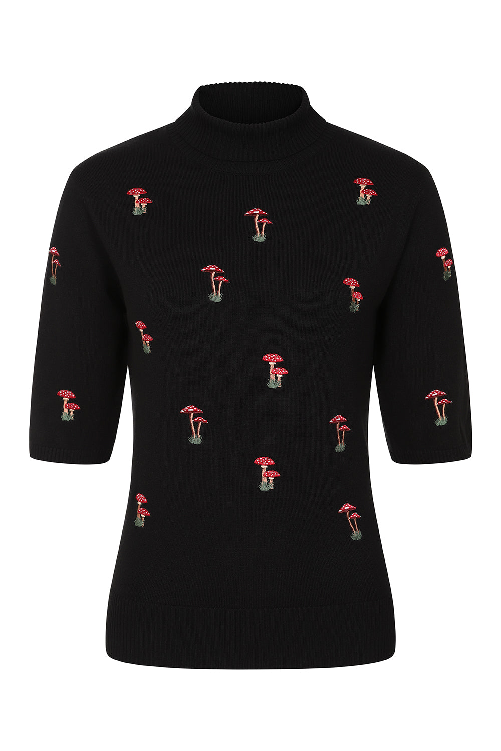 Black elbow length sleeved turtleneck sweater with ribbed neck and cuffs. Embroidered toadstool mushrooms in red, white, and brown across the front body and sleeves of the sweater. Shown from front