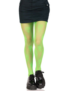 Neon green fishnet tights with all-over knit-in alien head pattern. Shown on a model wearing shoes from the front 