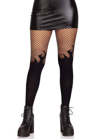 Black opaque tights with toe to mid-thigh flame details with fishnet pantyhose thighs. Shown on a model from the front