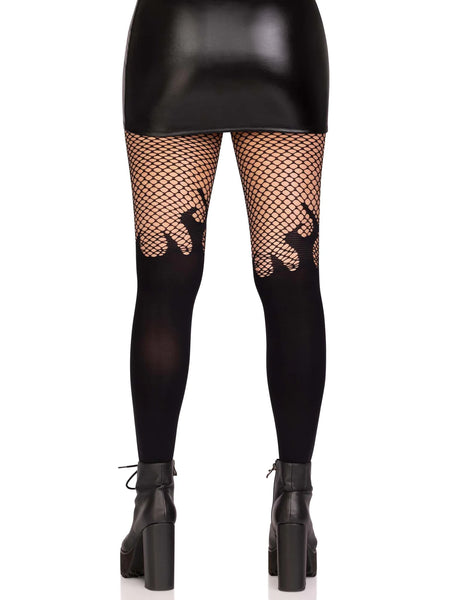 Black opaque tights with toe to mid-thigh flame details with fishnet pantyhose thighs. Shown on a model from the back