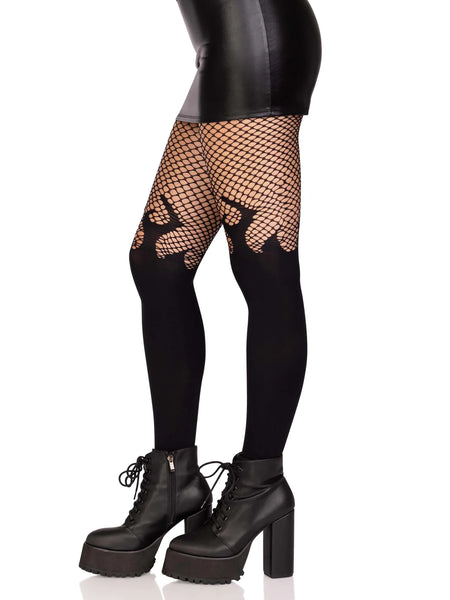 Black opaque tights with toe to mid-thigh flame details with fishnet pantyhose thighs. Shown on a model from the side