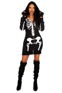 A model wearing a black fleece long sleeved zip up dress with a hood. It has a white anatomical skeleton motif. Shown from the front