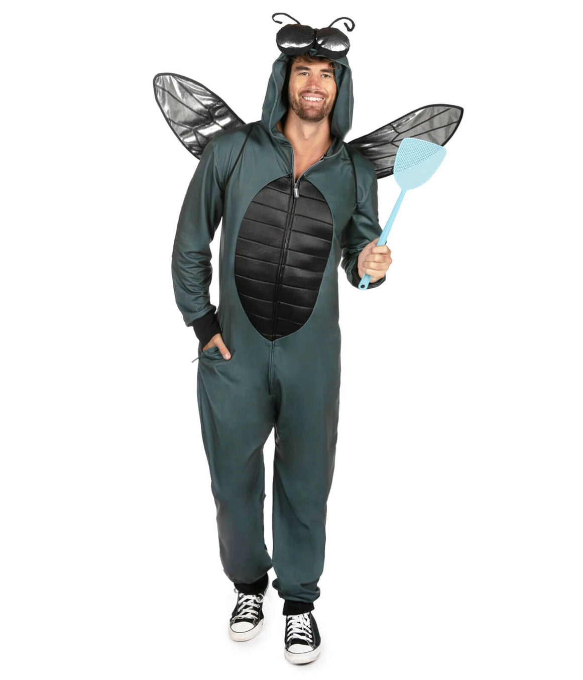 Male model wearing a polyester unisex fly costume jumpsuit. It is dark grey with a black thorax detail on the center of the stomach and has an oversized hood with silver lamé eyes and posable antennae. Shown with hood up, wearing posable silver lamé wings and holding blue plastic fly swatter. Shown from front