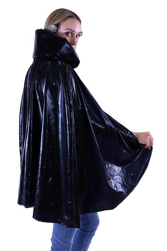 short (fingertip length black lamé cape with foam filled shaped stand up collar
