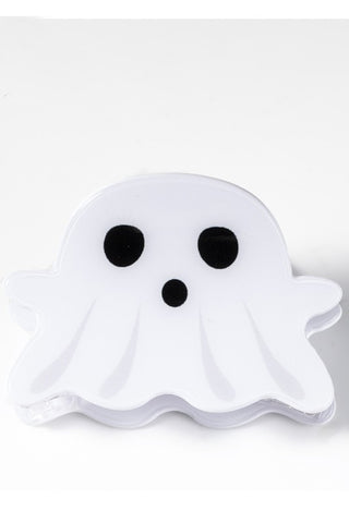 claw style hair clip in the shape of a cartoony stylized white ghost with a surprised look on its face
