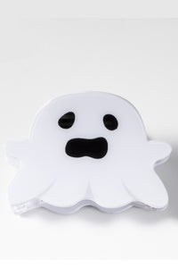 claw style hair clip in the shape of a cartoony stylized white ghost with a scared look on its face