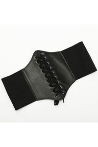 black elastic 4 5/8” wide belt with shiny black faux leather 7/3/4” wide laced corset-look pointed front section and back black velcro closure.