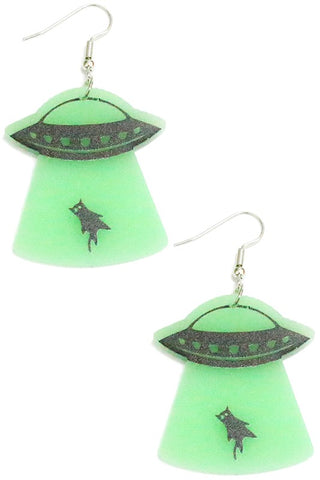 Laser-cut glow in the dark acrylic earrings in the shape of a UFO pulling a black cat towards it 