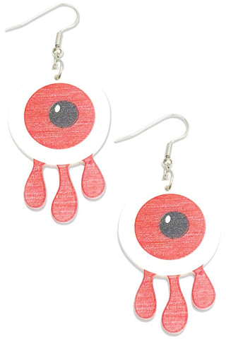 dangling bright blood red-irised eyeball earrings- with drips of blood hanging from each eyeball