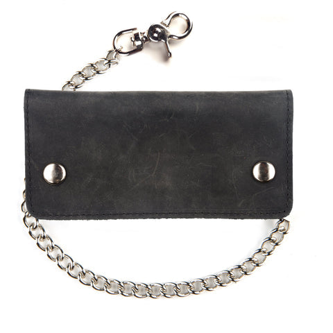oil tanned black leather bi-fold snap closure chain wallet shown folded.