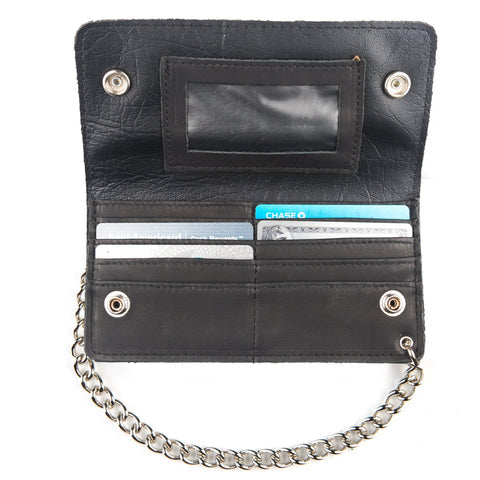 oil tanned black leather bi-fold snap closure chain wallet. Shown open to display ID pocket and card holders