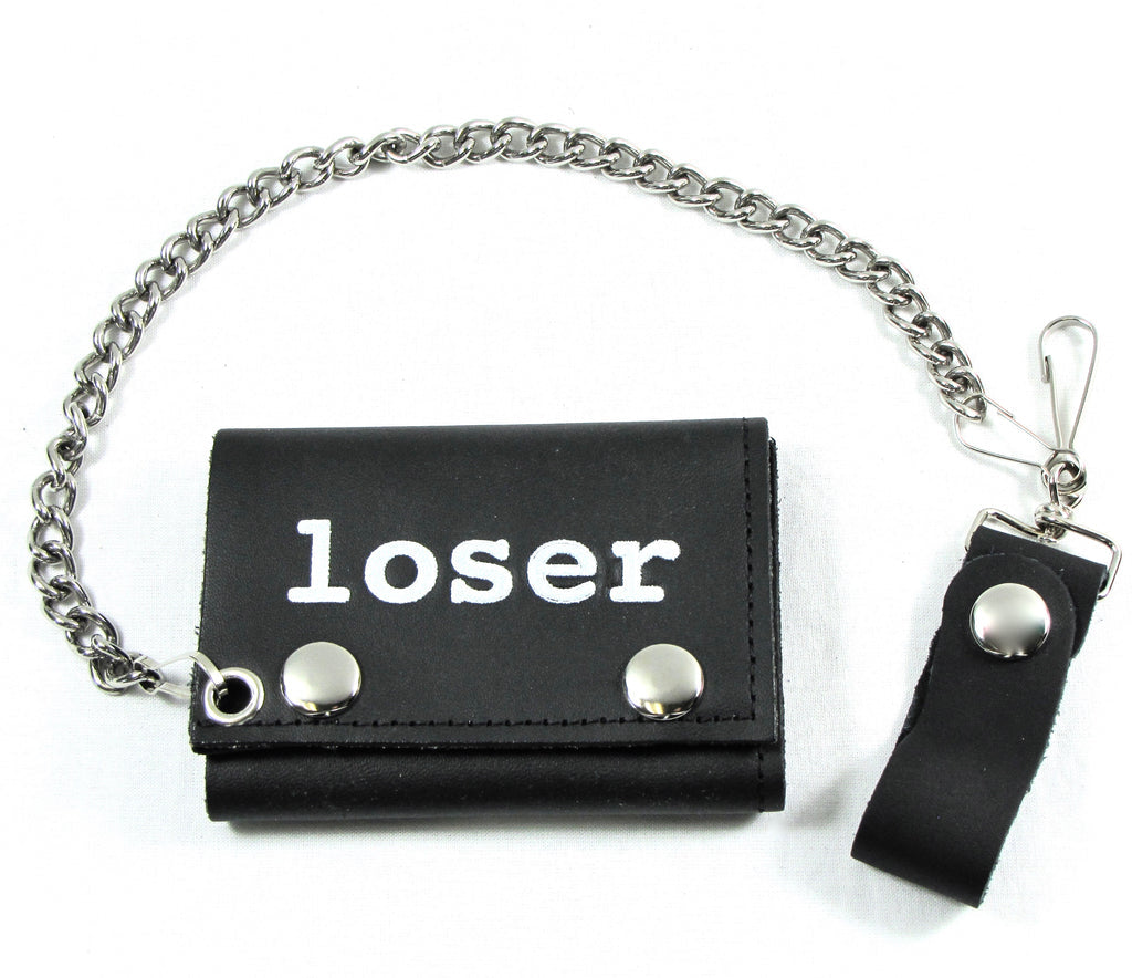 Black leather tri-fold chain wallet with “loser” printed in white lower case letters on front
