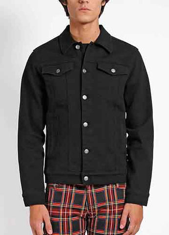 Model wearing men’s black denim jacket. Shown from front