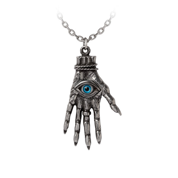 Fine English Pewter pendant of a Hand of Glory on a silver metal link chain. Palm of hand is holding a bright blue irised eyeball. Shown from palm side