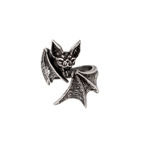 Antiqued Fine English Pewter bat ring with wings wrapped around finger of wearer