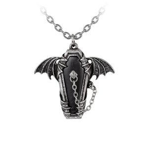 Antiqued Fine English Pewter coffin pendant with bat wing detail and small stake attached with a chain to the side of the coffin. On a 21” long nickel free silver metal link chain. Shown with stake inside of coffin