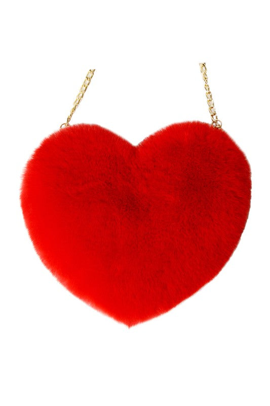 Red faux fur heart shaped crossbody purse with a gold metal linked chain strap